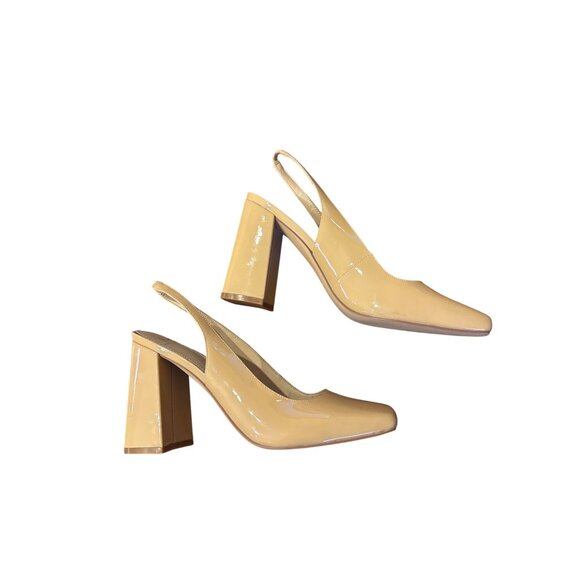 Marc Fisher LTD Pumps Nude Beige Patent Slingback Block Heel Sz 8.5M Square Toe - Picture 10 of 12
